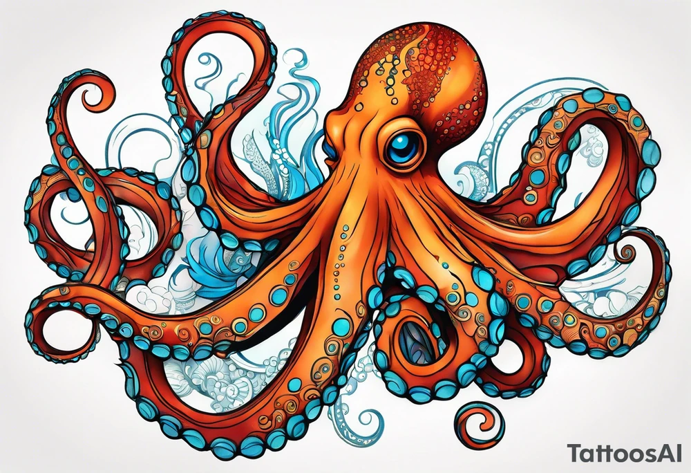 Orange and red Octopus with blue and teal suckers tattoo idea
