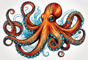 Orange and red Octopus with blue and teal suckers tattoo idea
