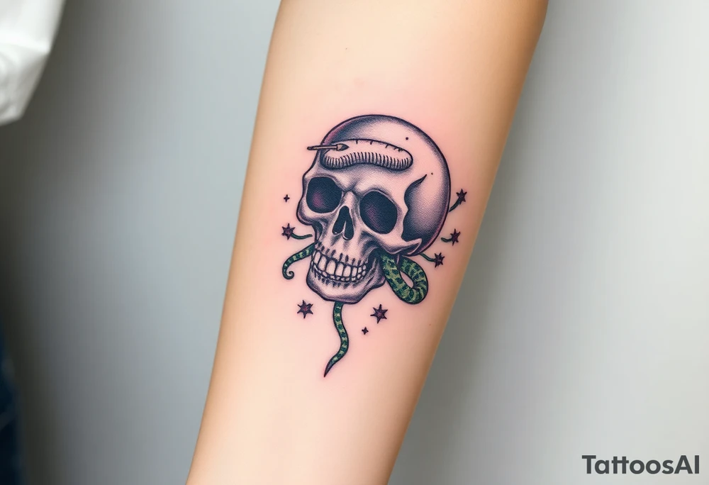 Skull with a snake going through its eyes or mouth include a clock and prickly vines tattoo idea