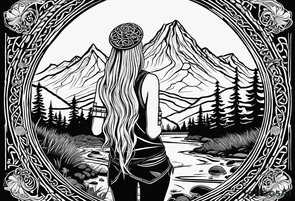 Whole picture encircled fully

Straight long blonde hair hippie girl in distance holding mushrooms in hand facing away toward mountains and creek surrounded by mushrooms long sleeve shirt and hiking pants; whole rendering within a full celtic circle border, no cut off circle tattoo idea