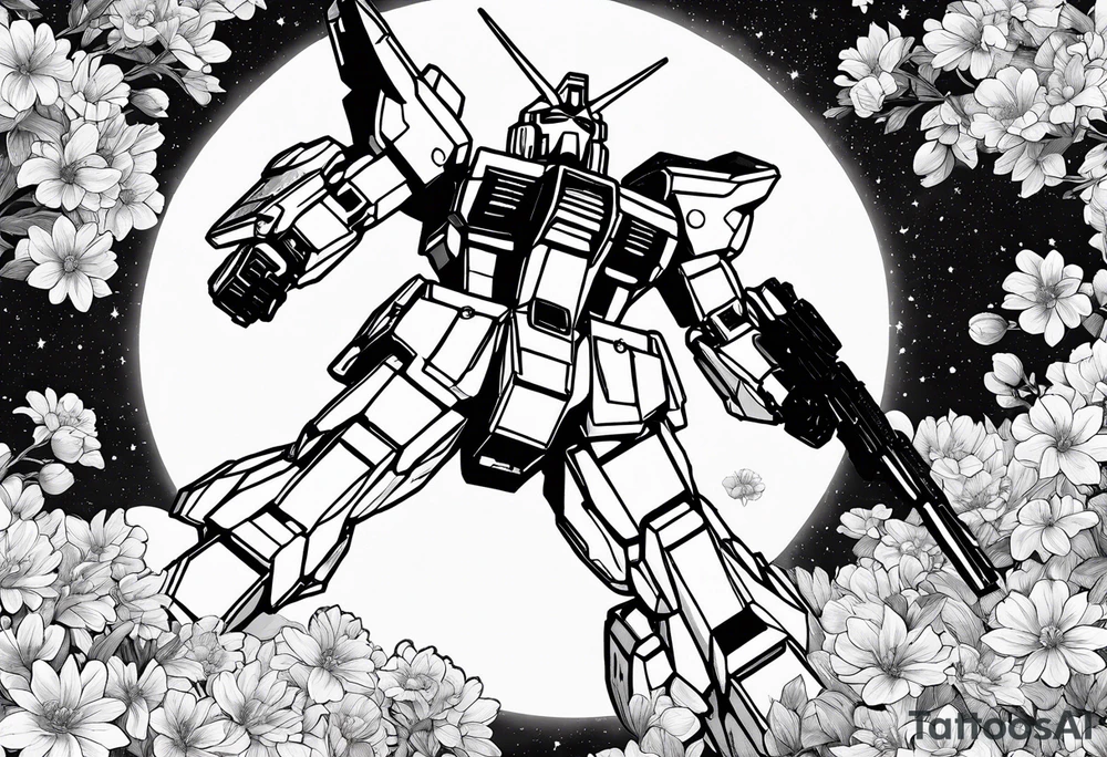 gundam, flying over moon, falling flowers, line art tattoo idea gundam, flying over moon, falling flowers, line art tattoo idea