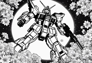gundam, flying over moon, falling flowers, line art tattoo idea