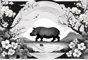 Asymmetrical, geometric, chinese ink art touch, hippo , full moon, wintersweet flower, light , modify from my favourite, s-shape tattoo idea