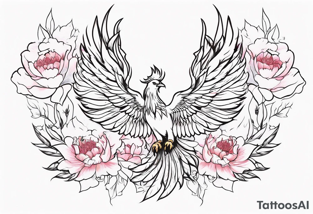 minimalist pheonix in flight with peonies in claws tattoo idea minimalist pheonix in flight with peonies in claws tattoo idea