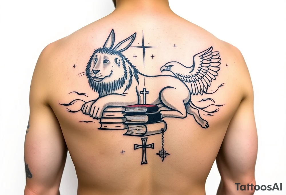 Tattoo Description
A single-arm sleeve that extends onto the chest and back by a few inches.

Tribal style emphasizing bold lines with matching space between.

The tattoo should contain “hidden” features within that require a careful eye to spot:
Jackalope
Resting Lion
Pile of books
Female wolf
A lamb
A cross
An eagle
A computer chip-like design tattoo idea
