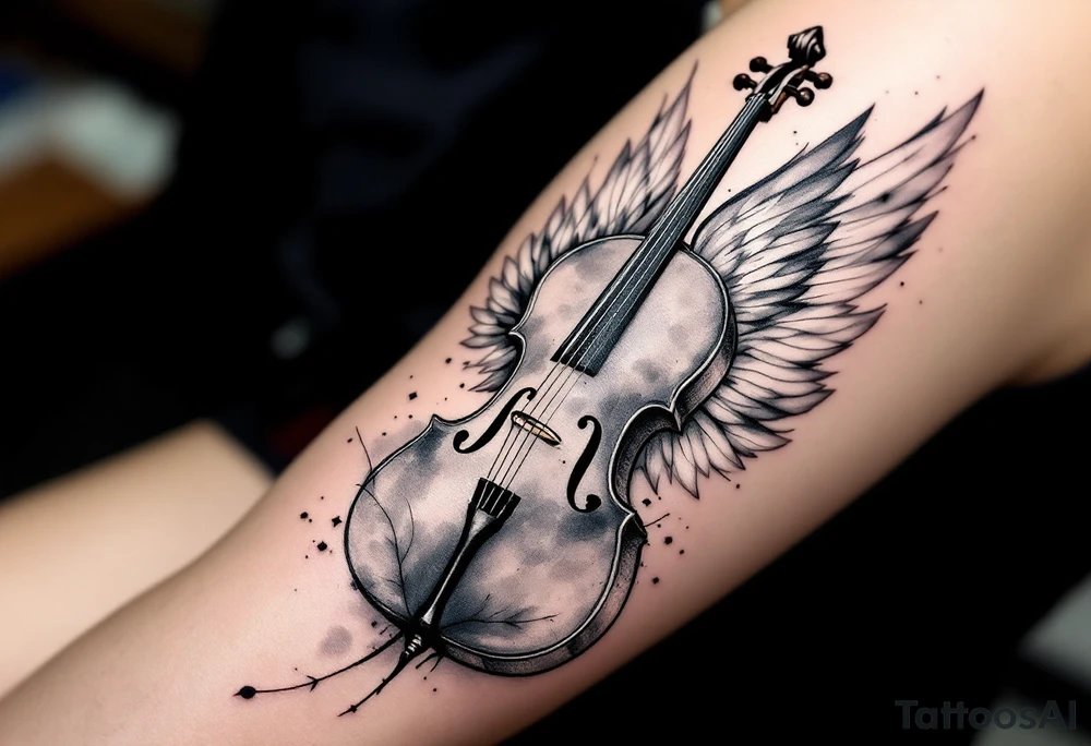 Cello with Wings – A cello in black ink, with soft gray and white wings sprouting from its sides, symbolizing the freedom and soaring beauty of music. tattoo idea