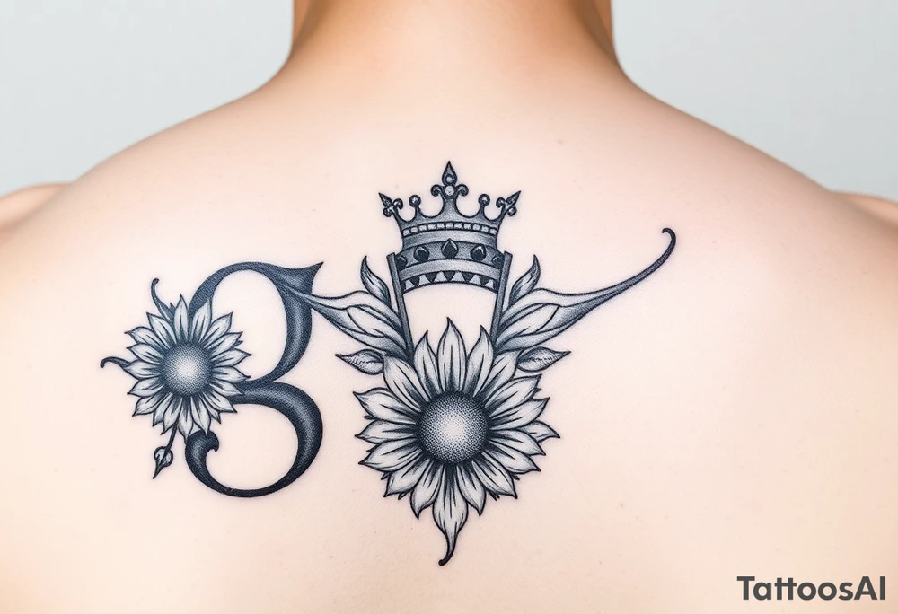 Capital Letter g lettering with a crown and sunflower tattoo idea