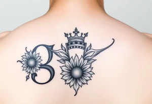 Capital Letter g lettering with a crown and sunflower tattoo idea