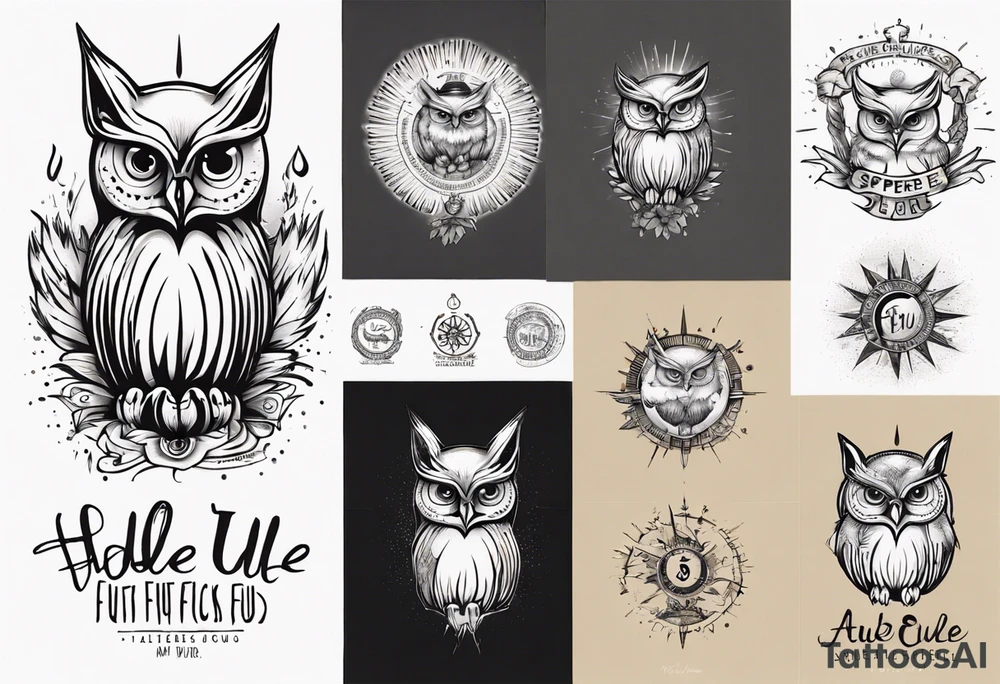 halb 
Fuchs halb Eule unter der Sonne mit dem Schriftzug Sapere Aude tattoo idea