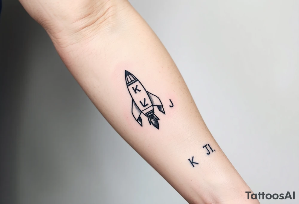 Rocket ship with letters K and J somewhere on it tattoo idea