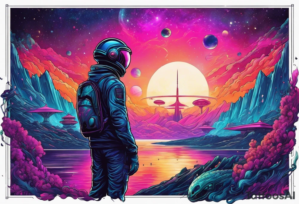 Full Back, synthwave, colossal Alien entities and space stuff, small human on The foreground in awe of The sheer scale of The infinite universe tattoo idea