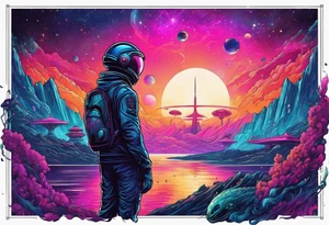 Full Back, synthwave, colossal Alien entities and space stuff, small human on The foreground in awe of The sheer scale of The infinite universe tattoo idea