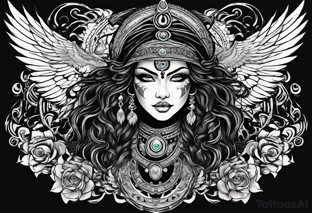 black kali, goddess pirate, alien, angel, pachamama, valkrye, warrior, flying, skull, lotus azul, wing, eagle, zenza resonance, stars, 5D, anahata chakra, death, durga, riding on a tiger, flying lady, kundalini, chest tatoo, samuri, rebel tattoo idea