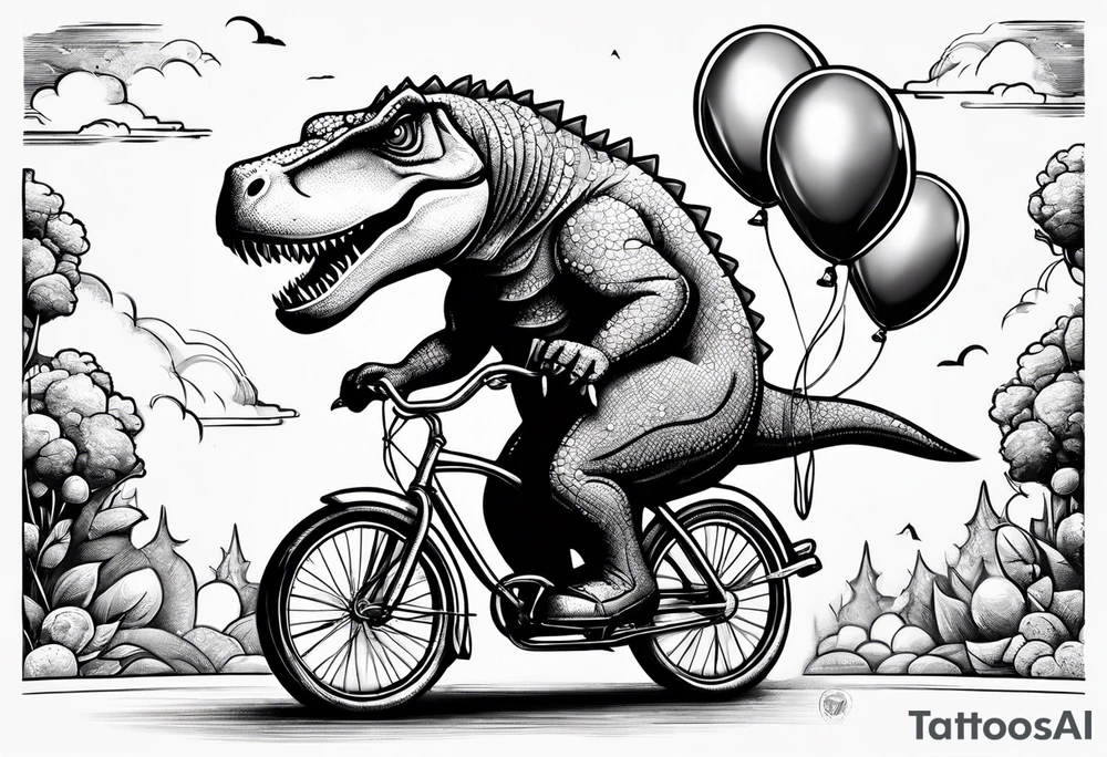 Trex riding a bicycle holding balloons tattoo idea