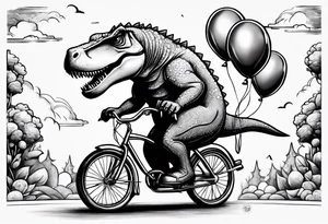 Trex riding a bicycle holding balloons tattoo idea