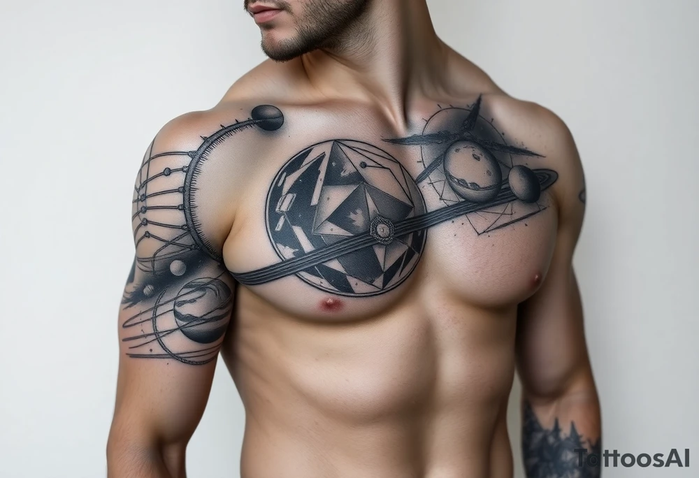 outer space, planets, geometric patterns, string theory tattoo idea