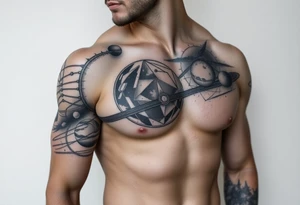 outer space, planets, geometric patterns, string theory tattoo idea