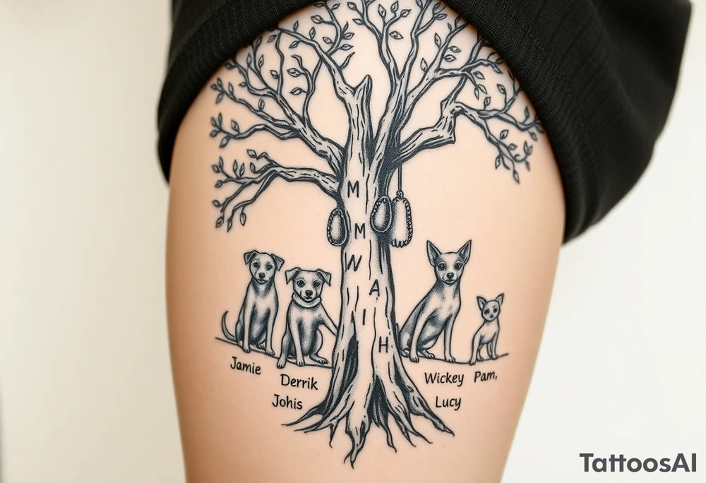 Hippy beech tree full of life. 
Jamie, Derek, Iris, John, bill, Winnie names in the roots, Mavis, Garhi, Mickey, Pam, Lucy, in the branches at the top. Names can be in Hebrew. 
Three dogs a Rhodesian Ridgeback, King Charles cavalier and chihuahua. 
Prett, feminine ornate. Boxing gloves hanging from tree maybe with an all seeing eye overseeing it all. Must be feminine and pretty tattoo idea