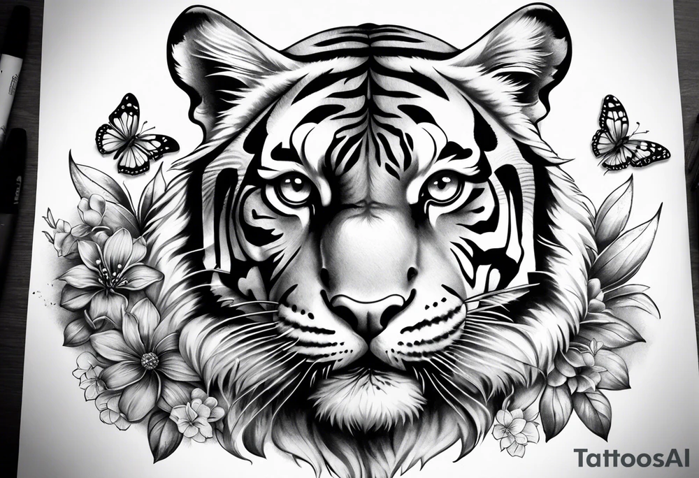 realistic tiger face, 3 butterflies, flowers for ladies thigh / hip shaded tattoo idea