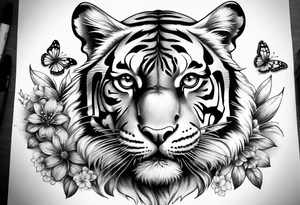 realistic tiger face, 3 butterflies, flowers for ladies thigh / hip shaded tattoo idea