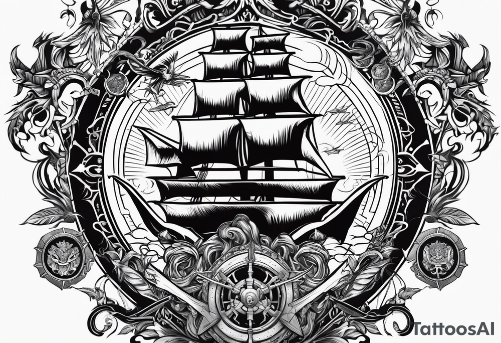 pirates of the caribbean five elements tattoo, aztec gold, davy jones key, east india company emblem, chalices and trident tattoo idea