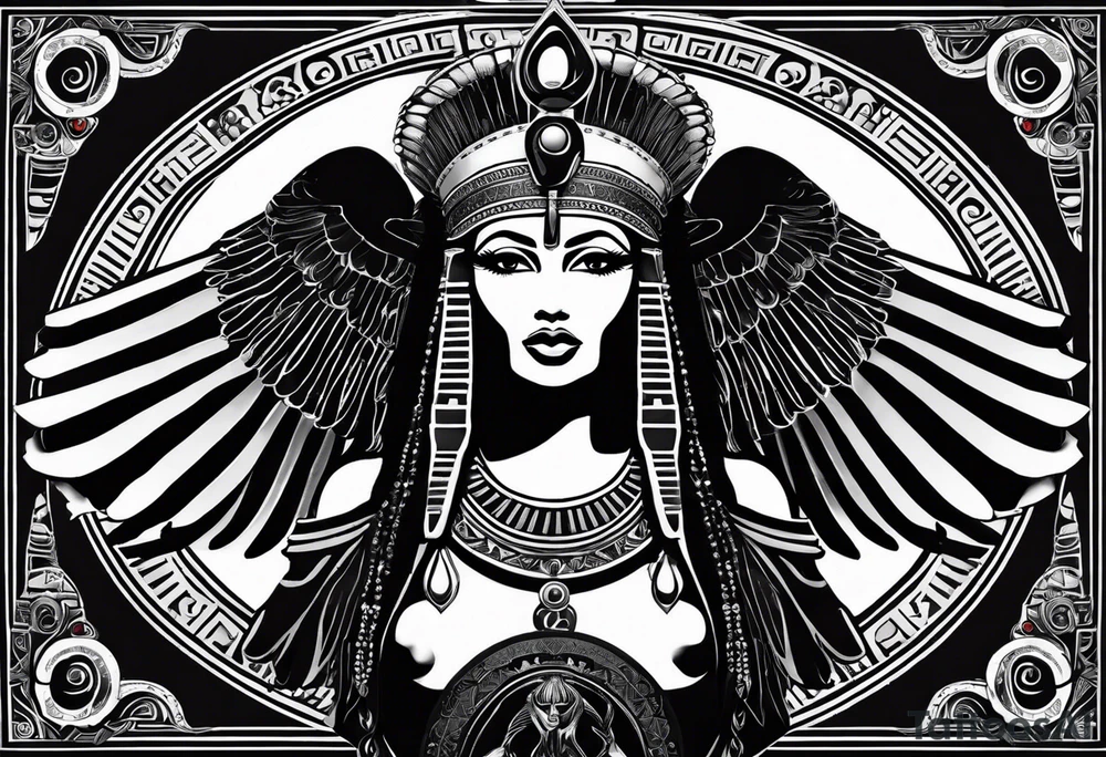 black and white Egyptian goddess Isis, who is often depicted as a woman with outstretched wings, holding an ankh (a symbol of life) in one hand and a lotus flower in the other. Her headdress often includes a throne or a solar disk. The tattoo design can vary in style and size, but it typically aims to capture the essence of this revered Egyptian deity, emphasizing her beauty, power, and maternal qualities. The choice of colors and additional elements can also be customized to create a unique and visually striking representation of the goddess Isis tattoo idea