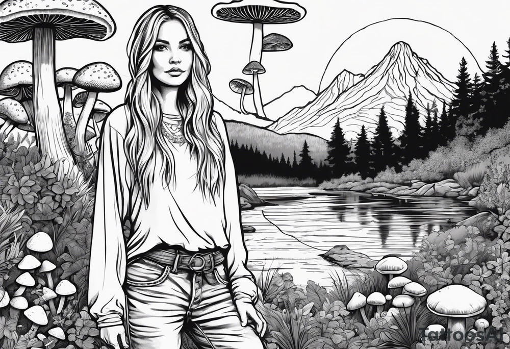 Whole picture encircled fully

Straight long blonde hair hippie girl in distance holding mushrooms in hand facing away toward mountains and creek surrounded by mushrooms long sleeve shirt and hiking pants; whole rendering within a full circle, no cut off circle tattoo idea