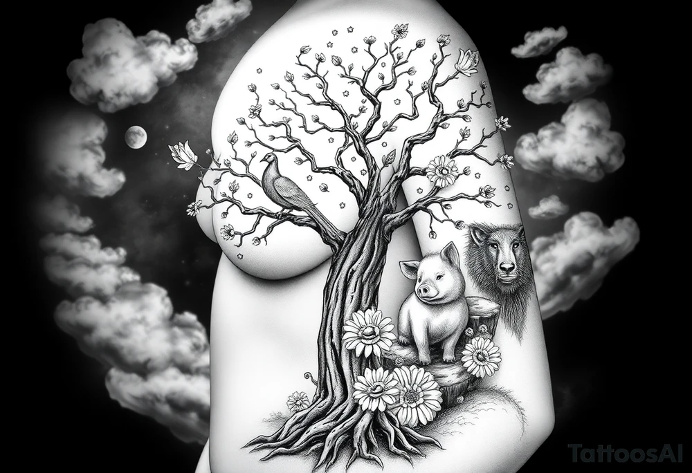 mystical tree  with cosmic  branches fat naked sexy woman , peacock , pig , cupcakes, sins,  Storm clouds, pig, peacock , fat sexy naked fat woman, cake, clouds, noose , money, goat lion, man sex toys pussy dicks, cigerette storm lightening, killing, darkness death, violent majestic creatures and penis and vagina tattoo idea