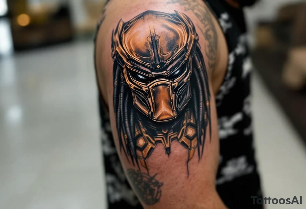 Fugitive Predator – A rogue Yautja from The Predator (2018), featuring bronze skin, modernized armor with gold accents, and a sleek bio-mask with an integrated AI targeting system. It seeks to warn humanity of a greater threat. tattoo idea