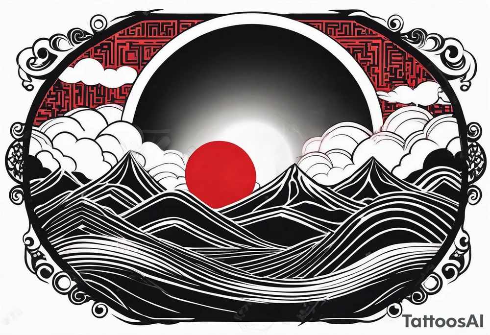 black solar eclipse with red light shining behind it, dark fantasy landscape tattoo idea