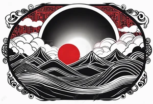 black solar eclipse with red light shining behind it, dark fantasy landscape tattoo idea
