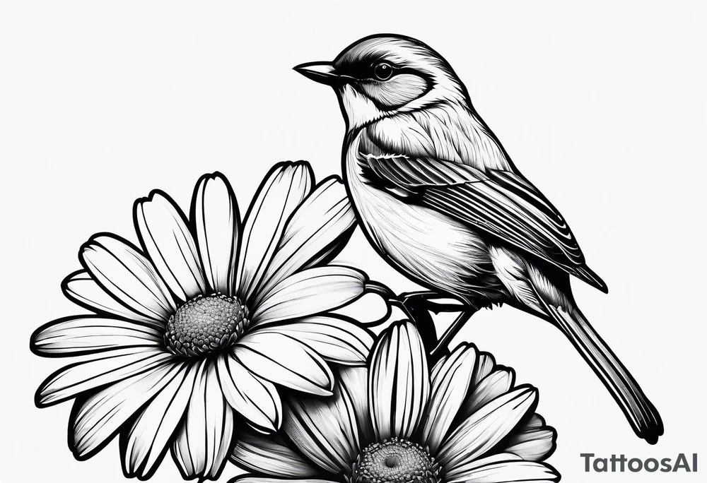 Little bird perched on a daisy flower. Fine line tattoo idea