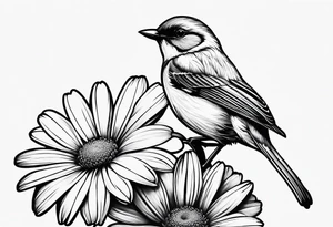 Little bird perched on a daisy flower. Fine line tattoo idea