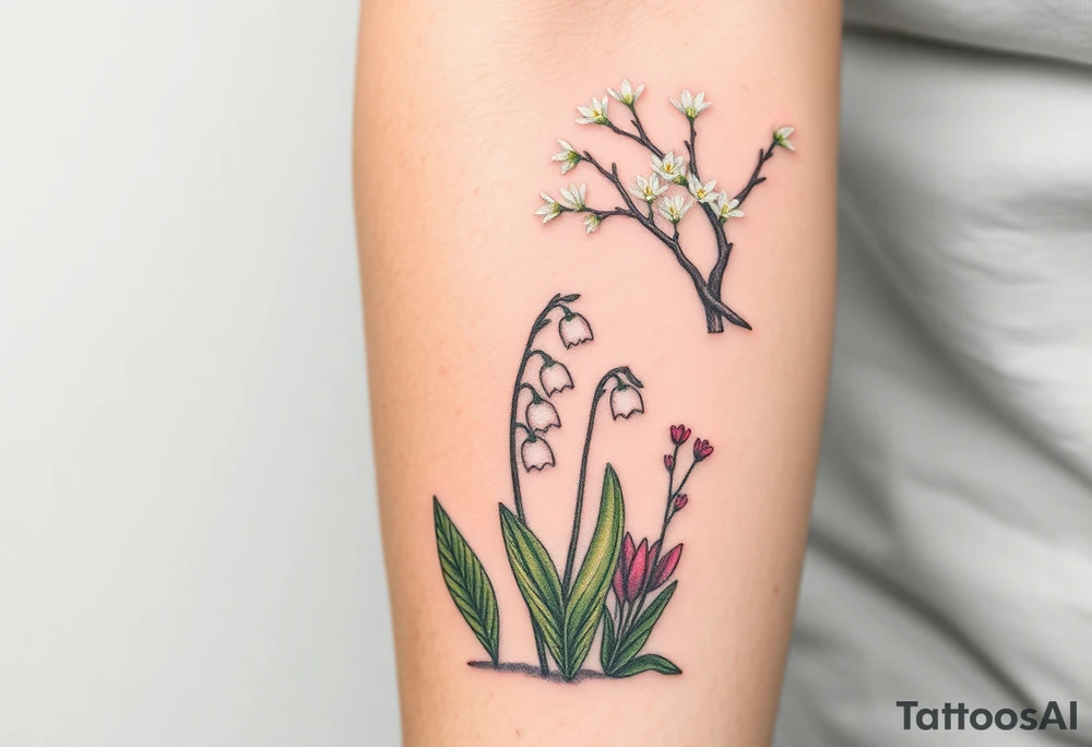 Small White lily in the valley bells growing next to other different colored lilie plants planted 
Under a blooming hawthorn tree tattoo idea