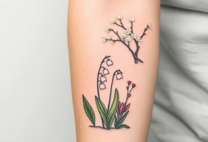 Small White lily in the valley bells growing next to other different colored lilie plants planted 
Under a blooming hawthorn tree tattoo idea