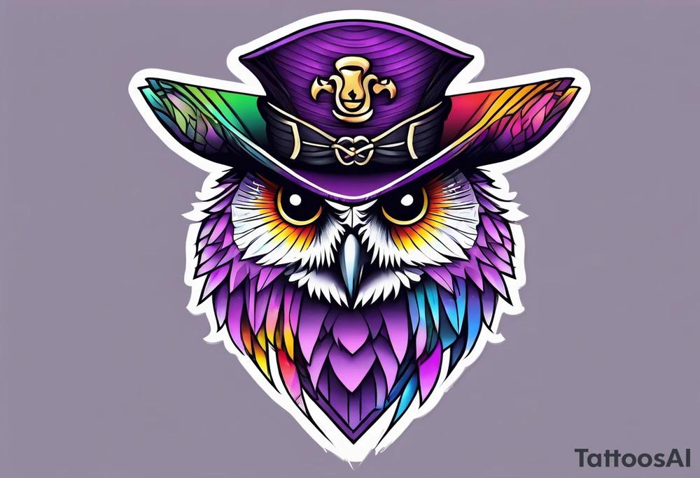 Owl pirate hat geometric purple rainbow tattoo idea