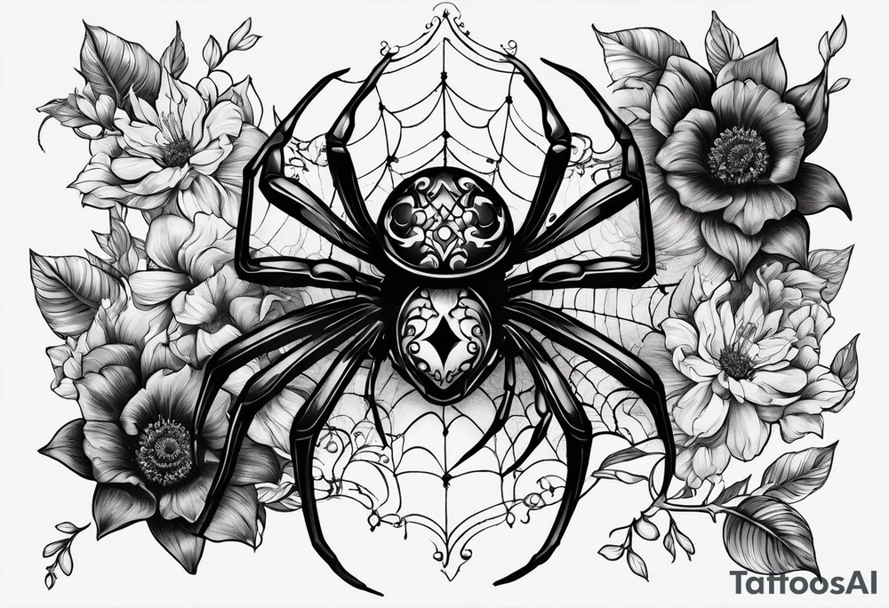 Spiders and black flowers tattoo idea