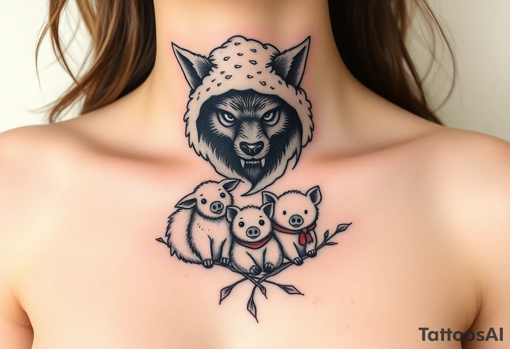 Big bad wolf nursery rhyme wearing a sheep costume with sheep head hood to kill and eat the three little pigs and little red riding hood in the woods tattoo idea