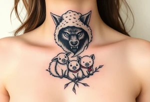 Big bad wolf nursery rhyme wearing a sheep costume with sheep head hood to kill and eat the three little pigs and little red riding hood in the woods tattoo idea