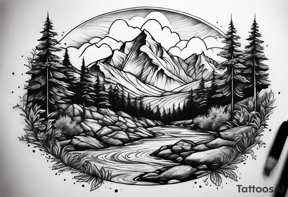 mountains, stream and nature tattoo idea