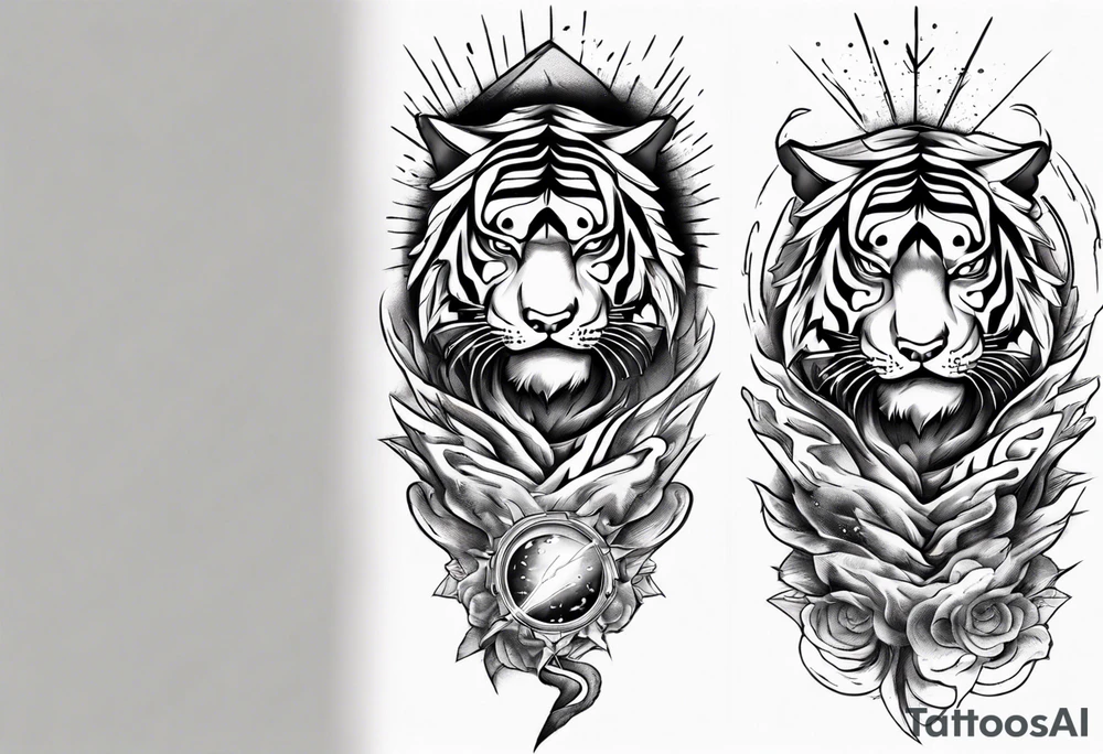 Tiger warrior with lightning and the sun for a forearm sleeve tattoo idea