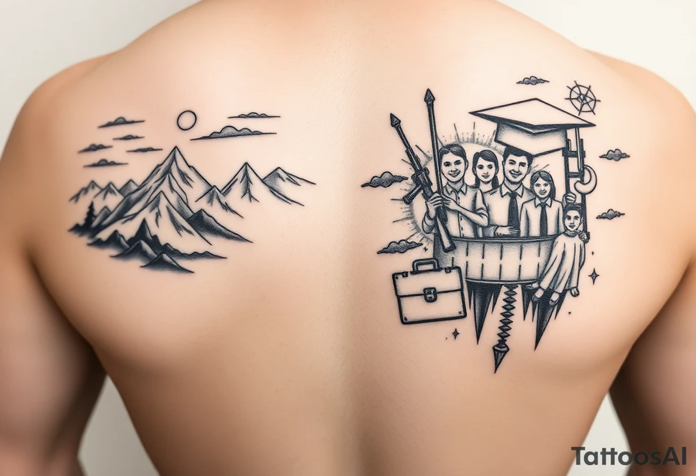 The tattoo should represent a journey from youthful enthusiasm to mature wisdom. On one side, depict the adventurous spirit of youth with imagery like rugged landscapes and exploration scenes. On the other side, reflect maturity and life experiences such as military service, career milestones, love, and family, using symbols like a graduation cap, military insignia, briefcase, wedding ring, and family.

Incorporate themes of continuous learning and self-discovery, with elements of self-love, familial bonds, community, and empathy. Contrast natural landscapes with man-made structures to symbolize the balance between nature and technology. The design should flow from left (youth) to right (maturity) and be rendered in black and white. tattoo idea