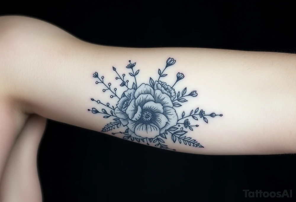 vintage bouquet of wild roses and meadow flowers with morning dew tattoo idea
