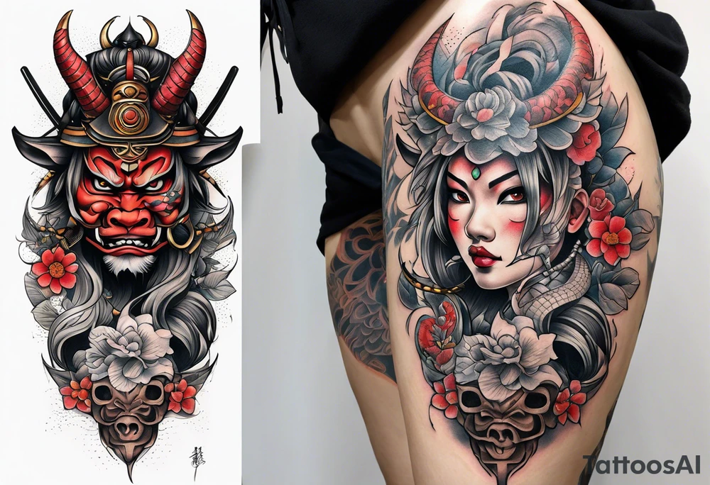leg tattoo, full leg, oni, girl, oni girl, samurai tattoo idea
