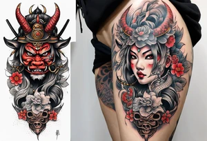 leg tattoo, full leg, oni, girl, oni girl, samurai tattoo idea