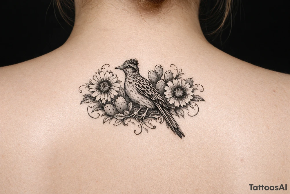 Wildflowers, sunflowers and Indian paint blanket flower with vines and cactus and realistic roadrunner drapes from shoulder to hand tattoo idea