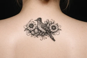 Wildflowers, sunflowers and Indian paint blanket flower with vines and cactus and realistic roadrunner drapes from shoulder to hand tattoo idea