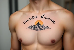 An arched black minimalist font "carpe diem" over a gray mountain range and golden sun. tattoo idea