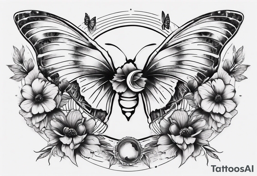Butterfly wrap tattoos with large centre piece with moon and floral theme tattoo idea