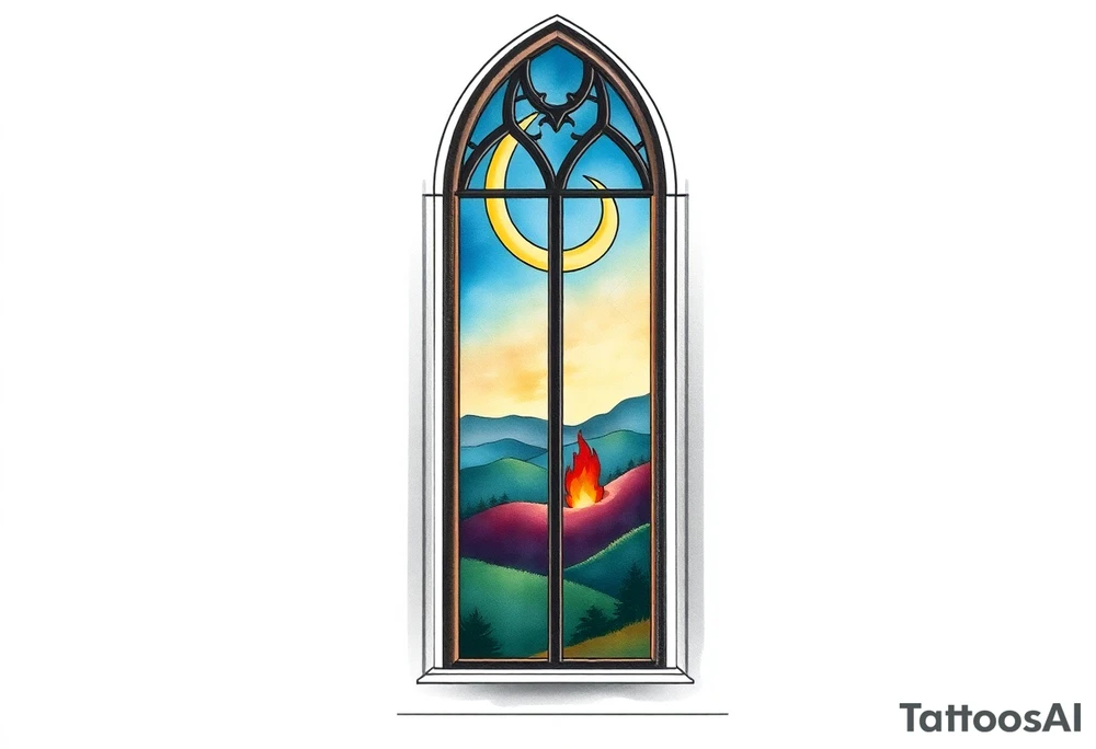 Tall church window with stained glass showcasing crescent moon over a hilly landscape as a fire burns in the distance tattoo idea